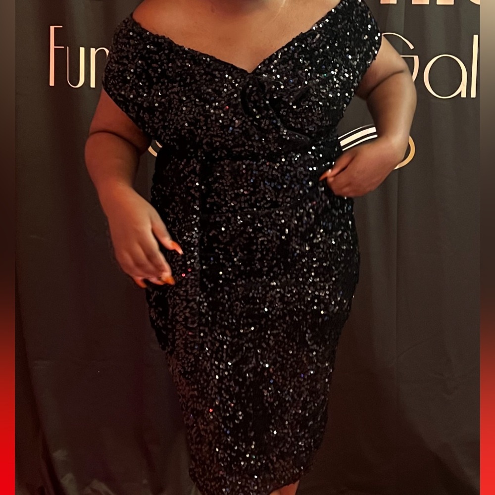 Sequin Off The Shoulder Wrap Midi Dress
